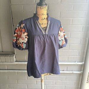 THML abeccagrace Navy Blue Blouse with Colorful Embroidery